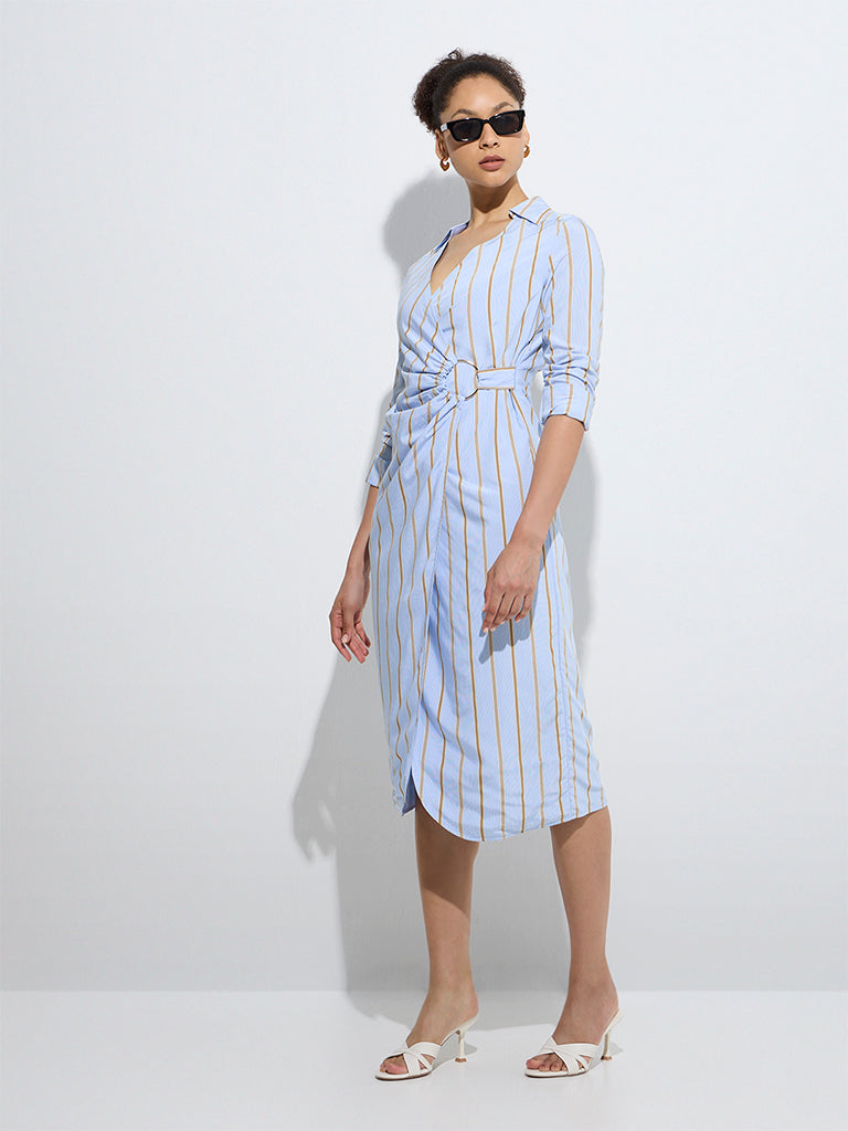 Westside Wardrobe Women's Blue Stripe Printed Wrap-Style Dress for Work Wear Full Model View