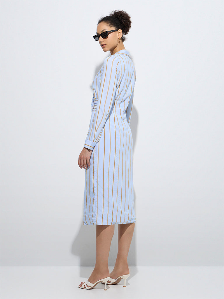 Westside Wardrobe Women's Blue Stripe Printed Wrap-Style Dress for Work Wear Back View
