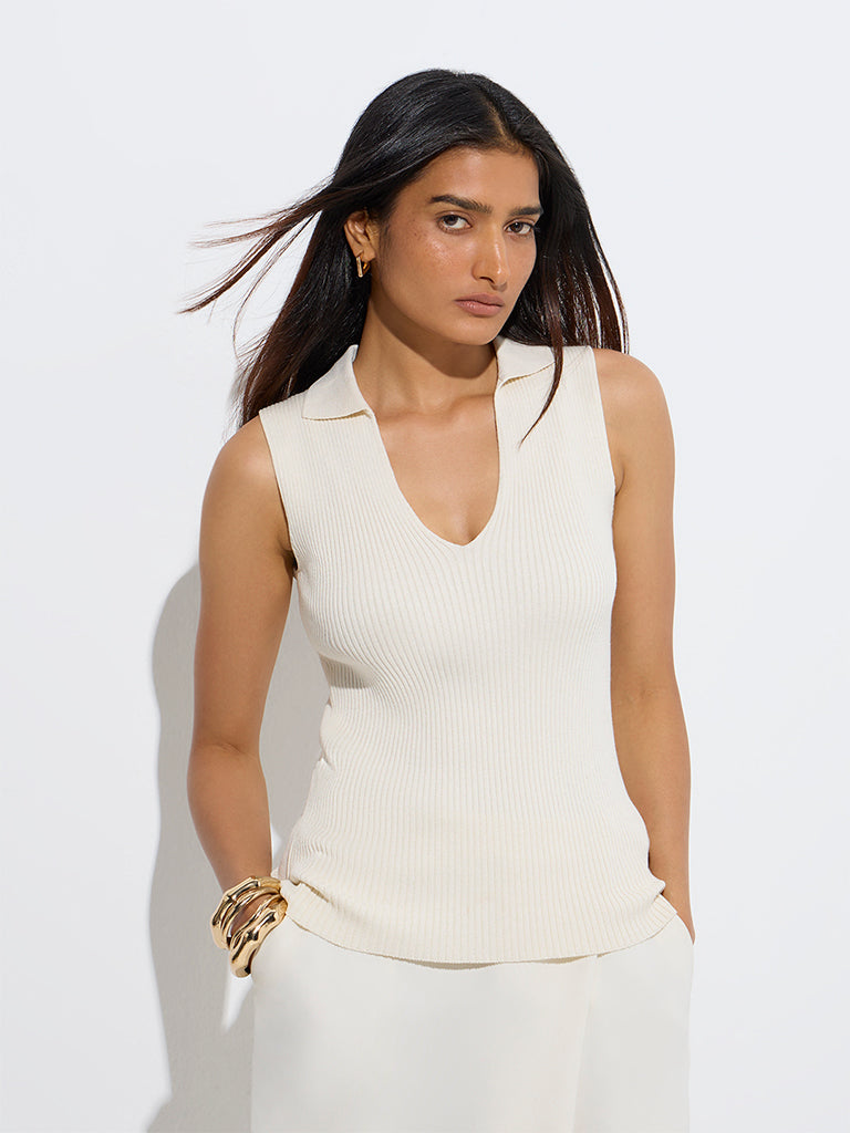 Westside Wardrobe Women's Ivory Ribbed-Textured Top for Work Wear Front View