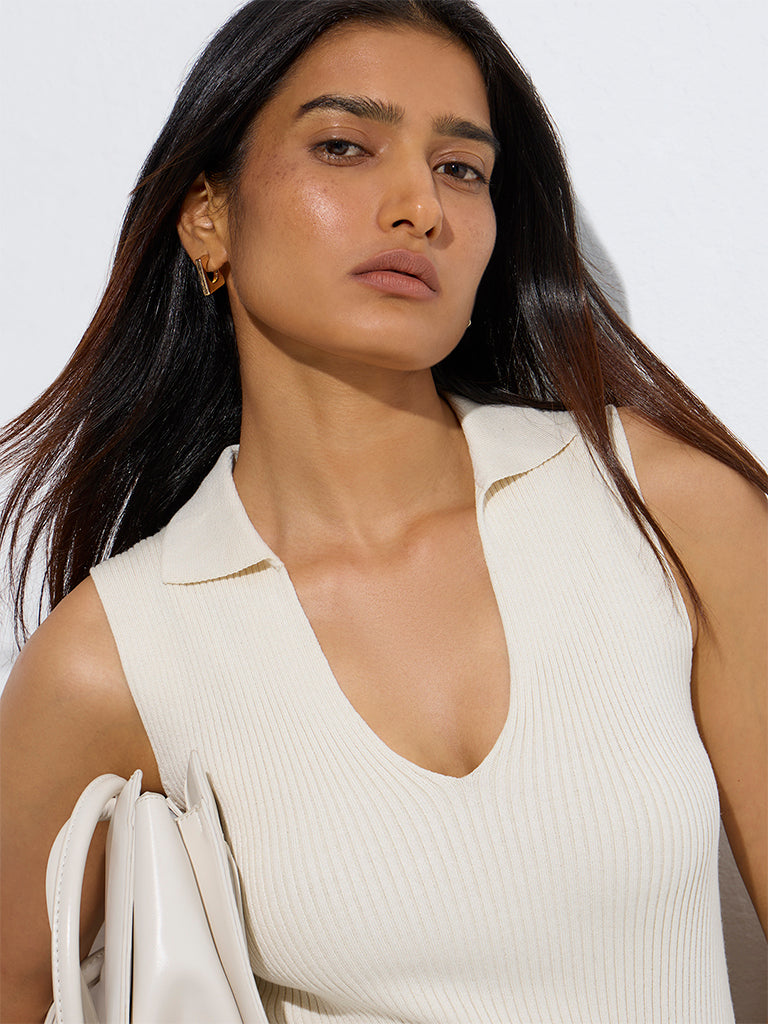 Westside Wardrobe Women's Ivory Ribbed-Textured Top for Work Wear Zoom View