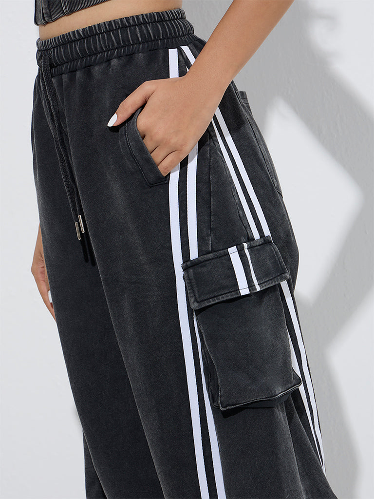 Studiofit Black Stripe Printed High-Rise Denim Track Pants