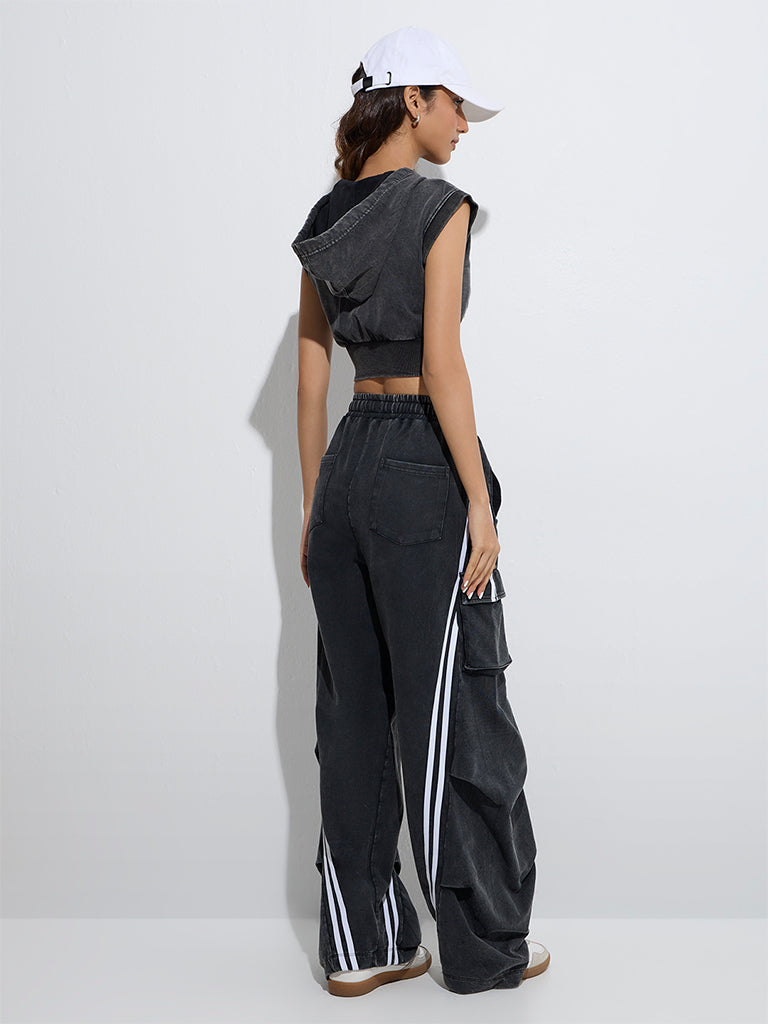 westisde Studiofit Women's Black Stripe Printed High-Rise Denim Track Pants for Sports Wear Back View