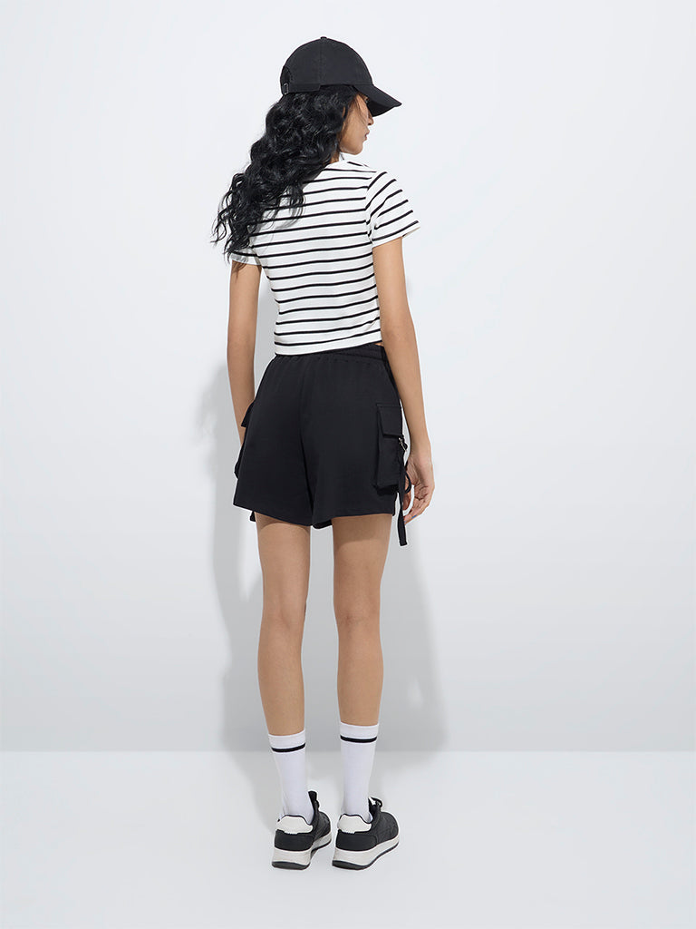 westisde Studiofit Women's Black High-Rise Cotton-Blend Shorts for Sports Wear Back View