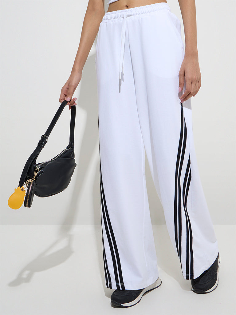 Studiofit White Striped High-Rise Cotton Track Pants