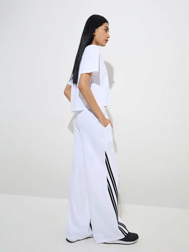 Studiofit White Striped High-Rise Cotton Track Pants