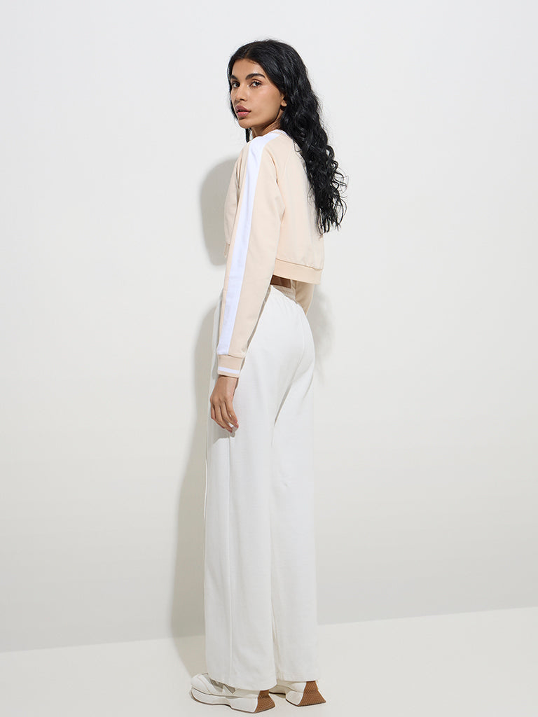 westisde Studiofit Women's Beige Cropped Cotton Jacket for Sports Wear Back View