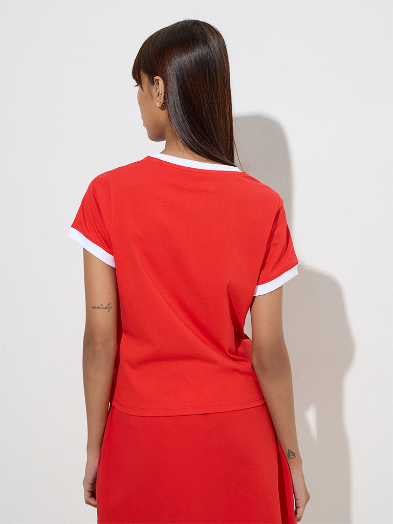 Westside Studiofit Women's Red Text Design Cotton T-Shirt for Sports Wear Back View