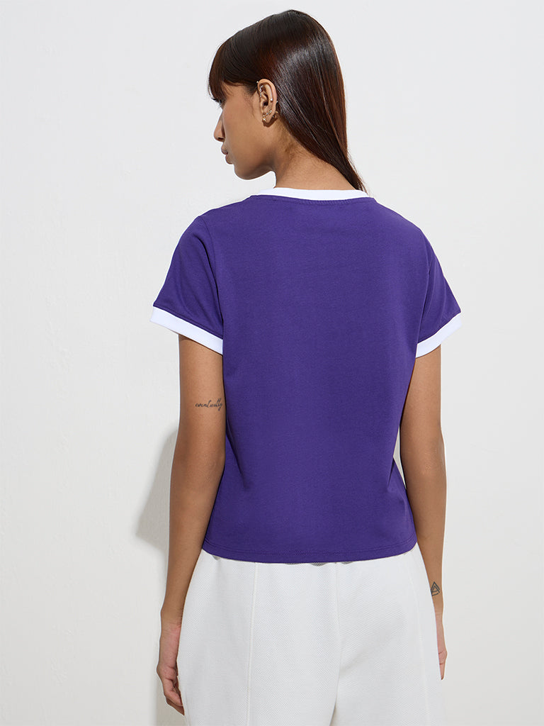 Westside Studiofit Women's Purple Text Pattern Cotton T-Shirt for Sports Wear Back View