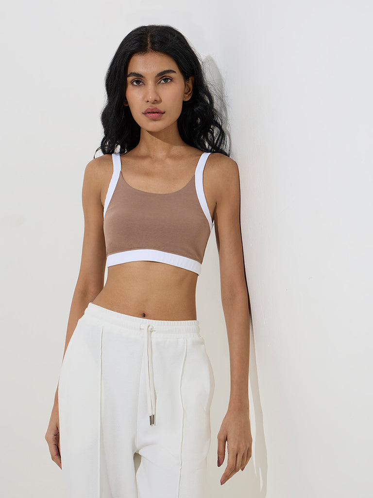 Studiofit Taupe Cotton-Blend Crop Top