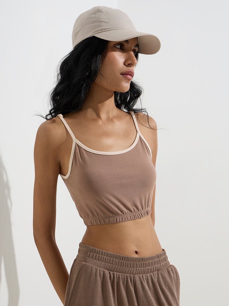 Studiofit Taupe Cotton-Blend Crop Top