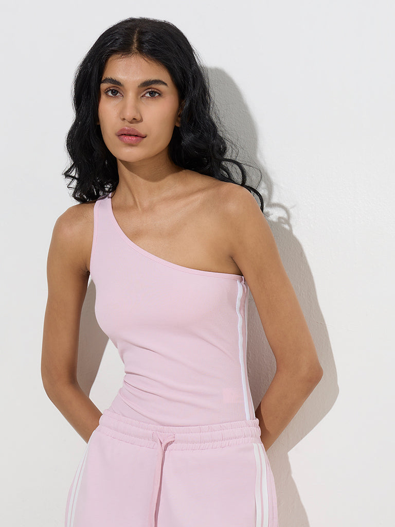 Studiofit Pink Ribbed-Textured One-Shoulder Bodysuit