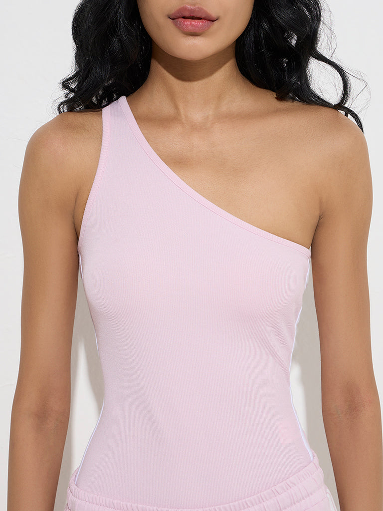 Studiofit Pink Ribbed-Textured One-Shoulder Bodysuit