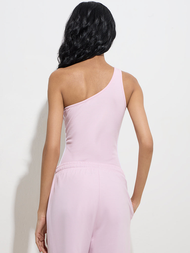 westisde Studiofit Women's Pink Ribbed-Textured One-Shoulder Bodysuit for Sports Wear Back View