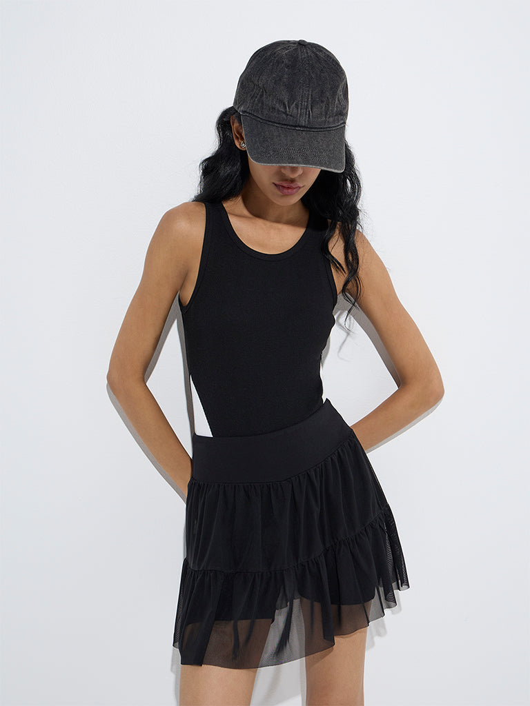 Studiofit Black Ribbed-Textured Bodysuit