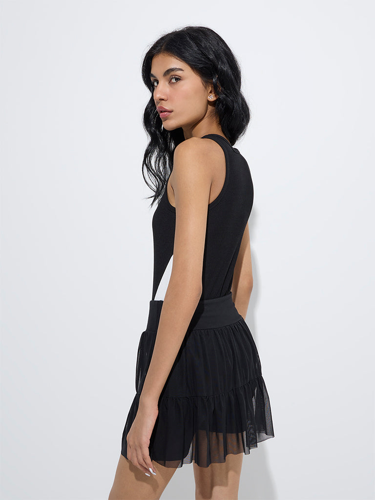 westisde Studiofit Women's Black Ribbed-Textured Bodysuit for Sports Wear Back View