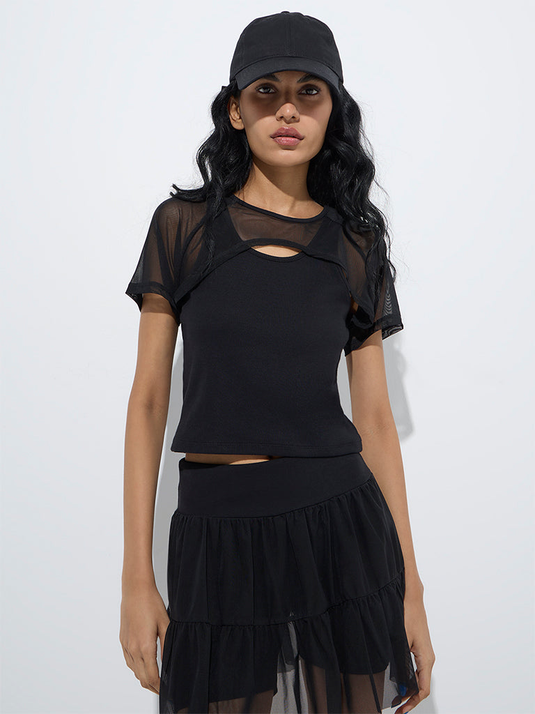 Studiofit Black Ribbed-Textured Cotton-Blend Top