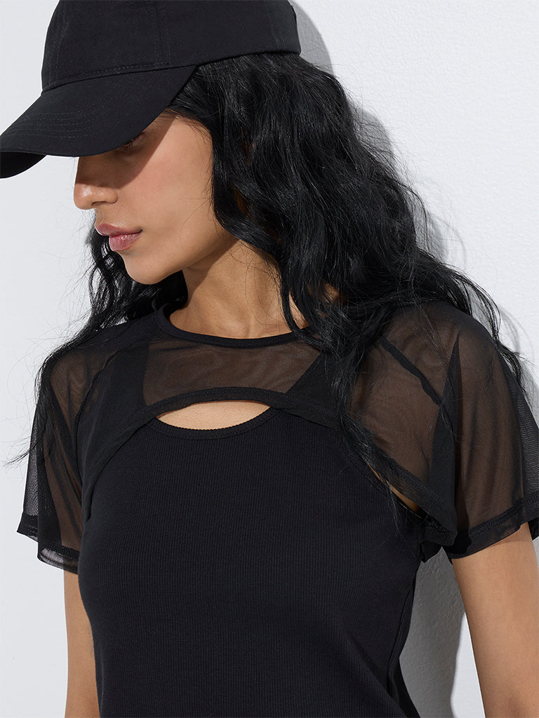 Studiofit Black Ribbed-Textured Cotton-Blend Top
