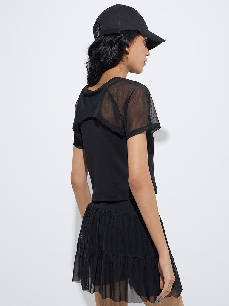 westisde Studiofit Women's Black Ribbed-Textured Cotton-Blend Top for Sports Wear Back View