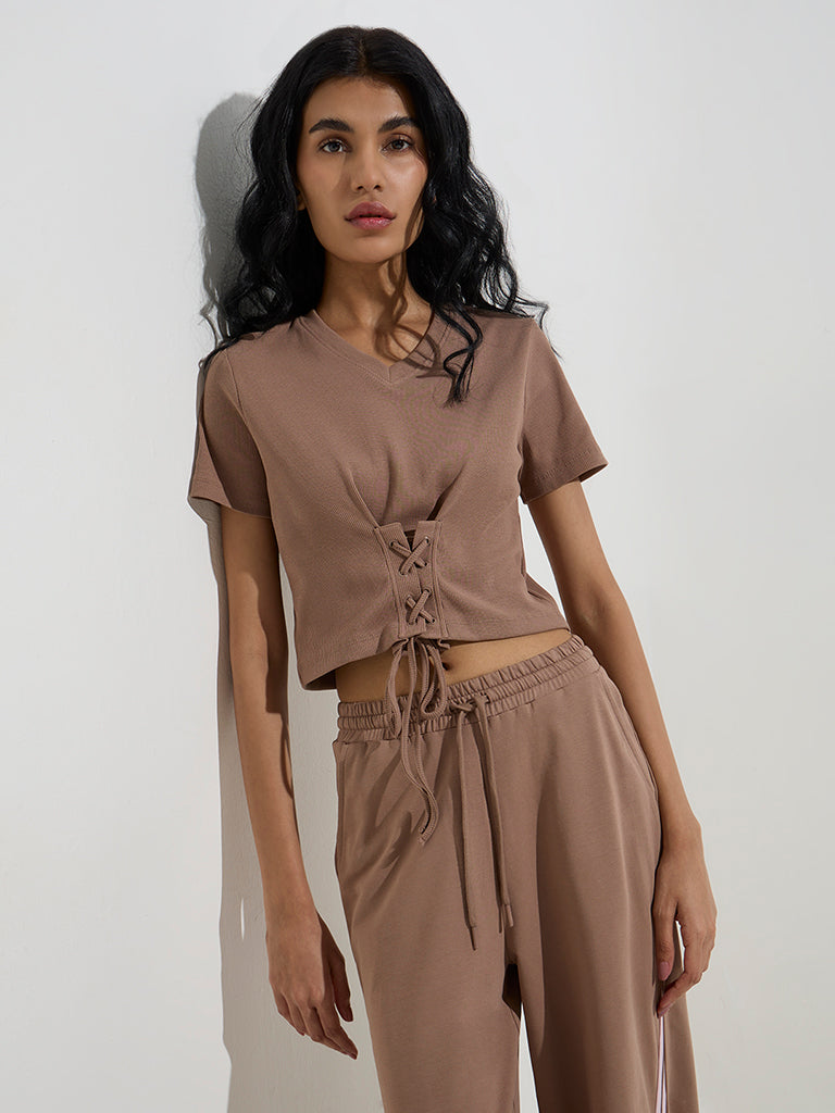 Studiofit Taupe Criss-Cross Detailed Cotton-Blend T-Shirt