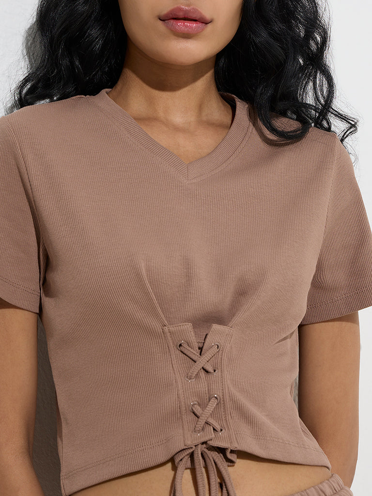 Studiofit Taupe Criss-Cross Detailed Cotton-Blend T-Shirt