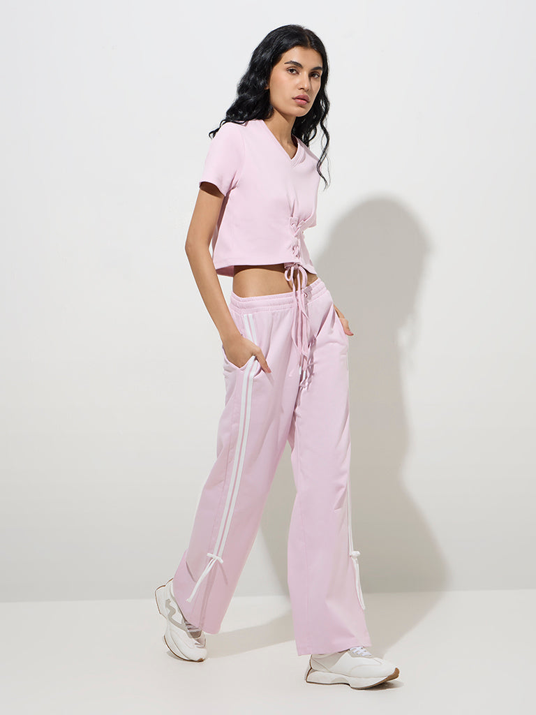 Studiofit Pink Criss-Cross Detailed Cotton-Blend T-Shirt