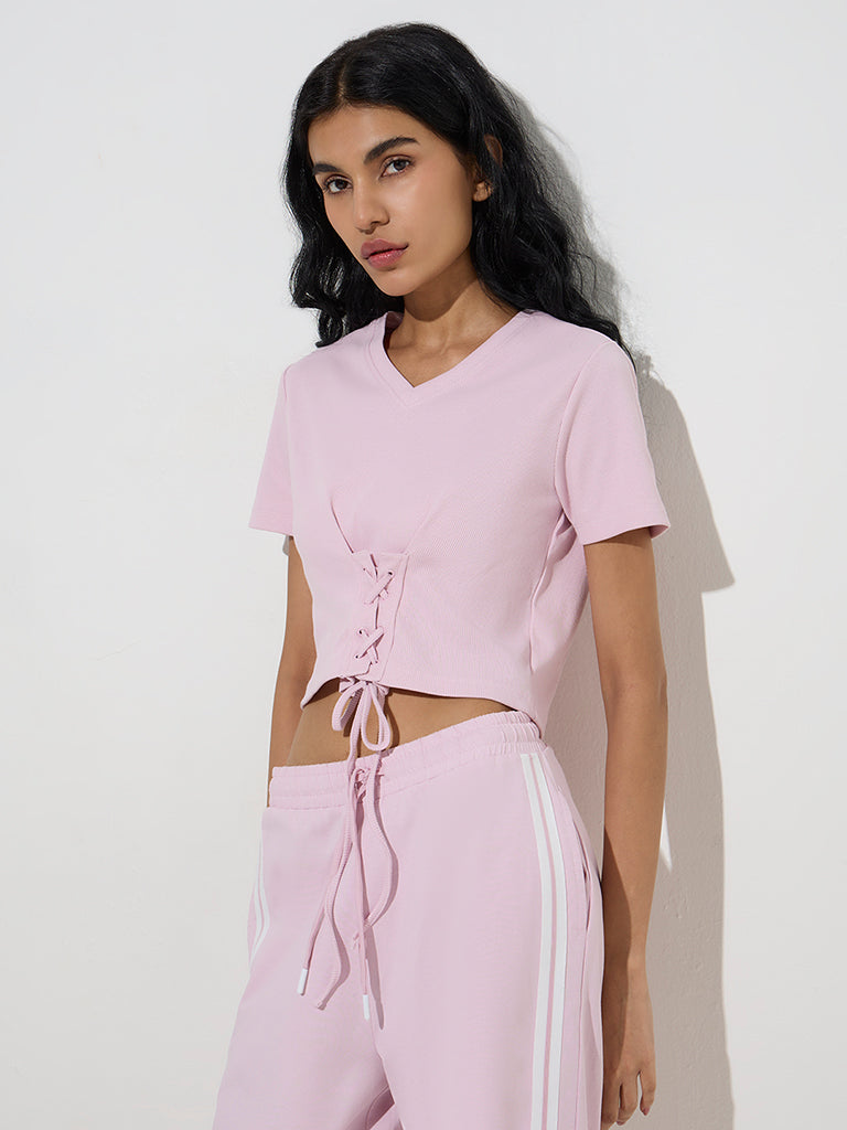 Studiofit Pink Criss-Cross Detailed Cotton-Blend T-Shirt