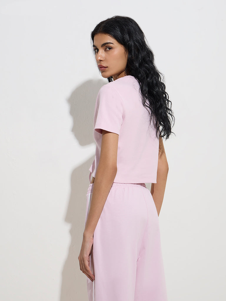 Studiofit Pink Criss-Cross Detailed Cotton-Blend T-Shirt