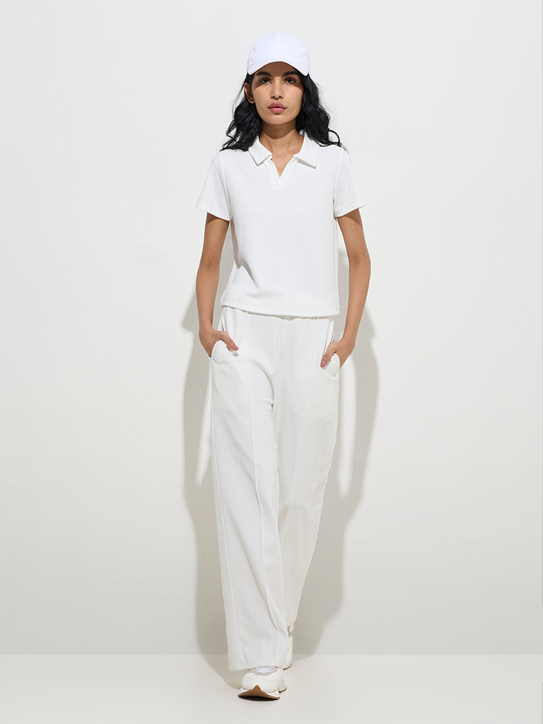 Studiofit White Ribbed Cotton-Blend Polo T-Shirt