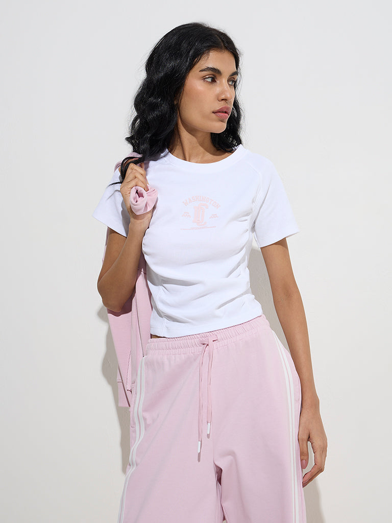 Studiofit White Text Design Cotton T-Shirt