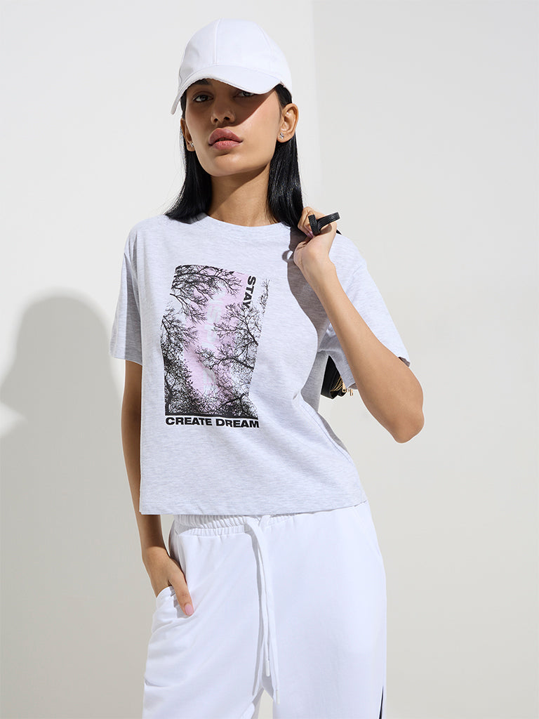 Studiofit Grey Printed Cotton T-Shirt