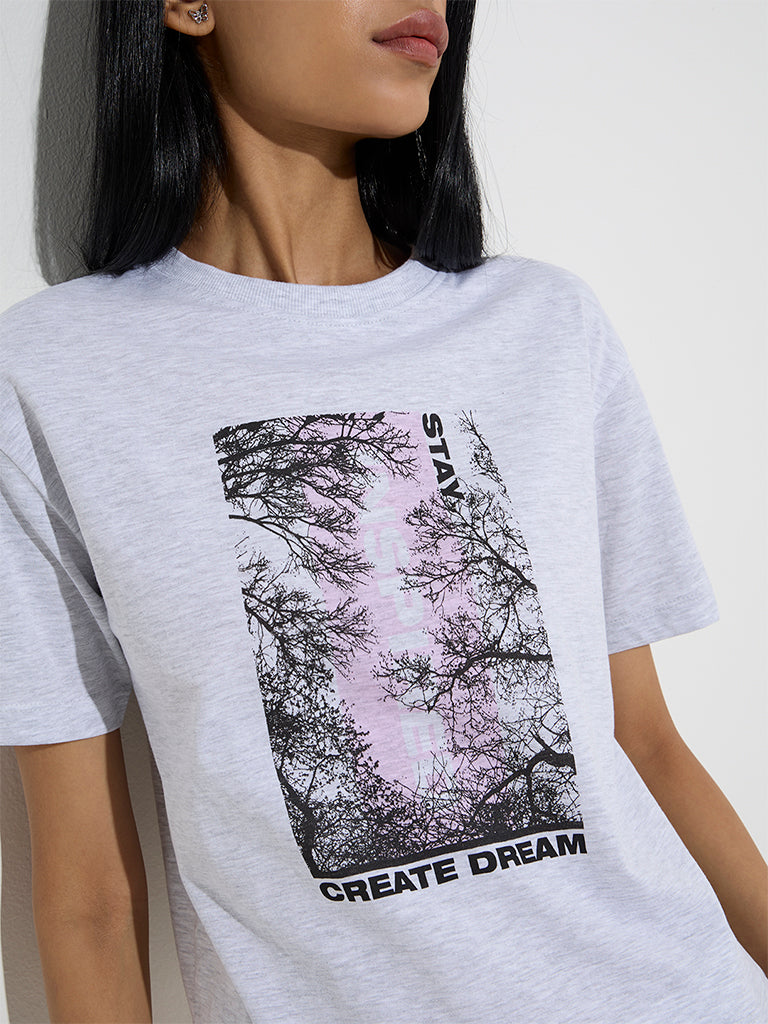 Studiofit Grey Printed Cotton T-Shirt