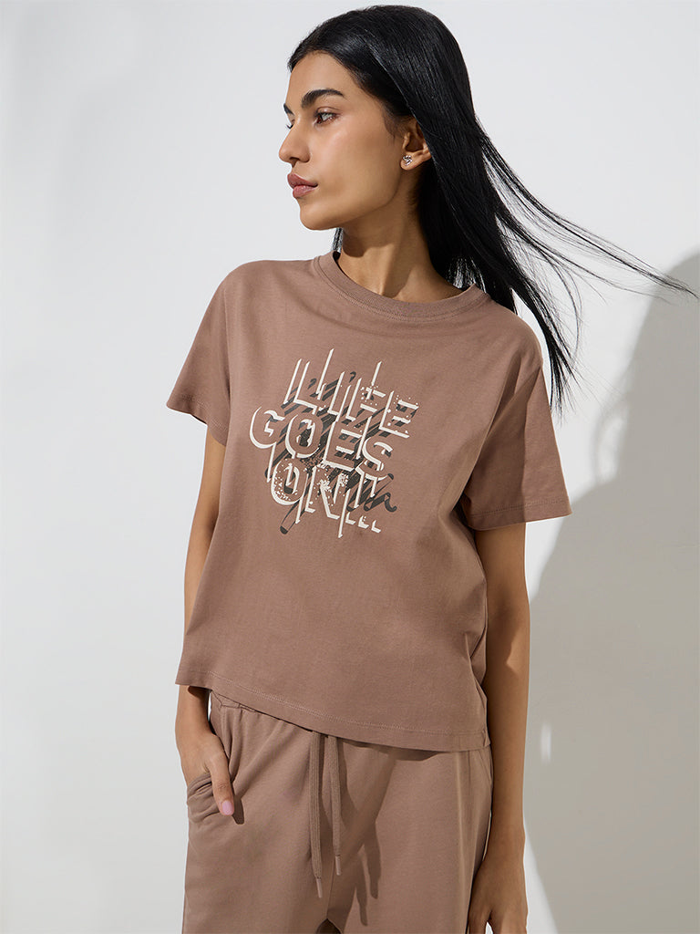 Studiofit Brown Text Design Cotton T-Shirt