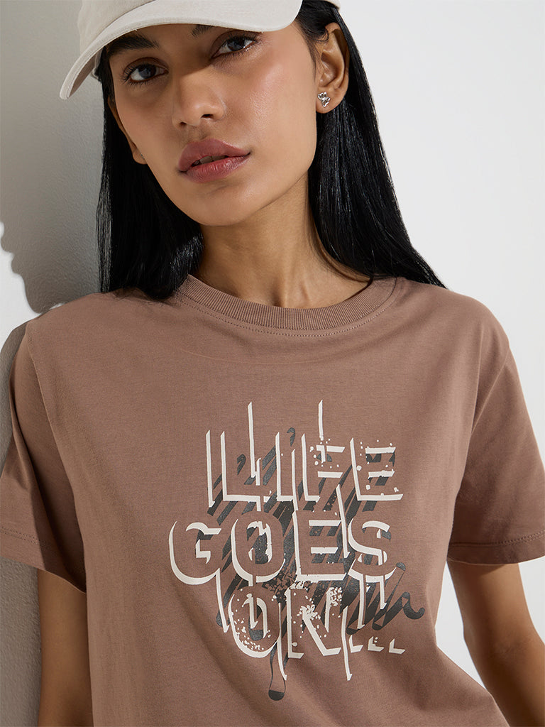 Studiofit Brown Text Design Cotton T-Shirt