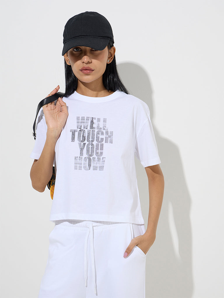 Studiofit White Text Printed Cotton T-Shirt