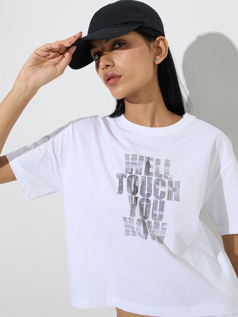 Studiofit White Text Printed Cotton T-Shirt