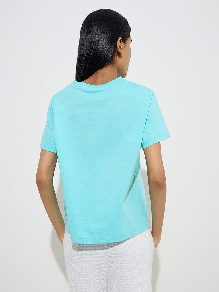 westisde Studiofit Women's Aqua Text Patterned Cotton T-Shirt for Sports Wear Back View