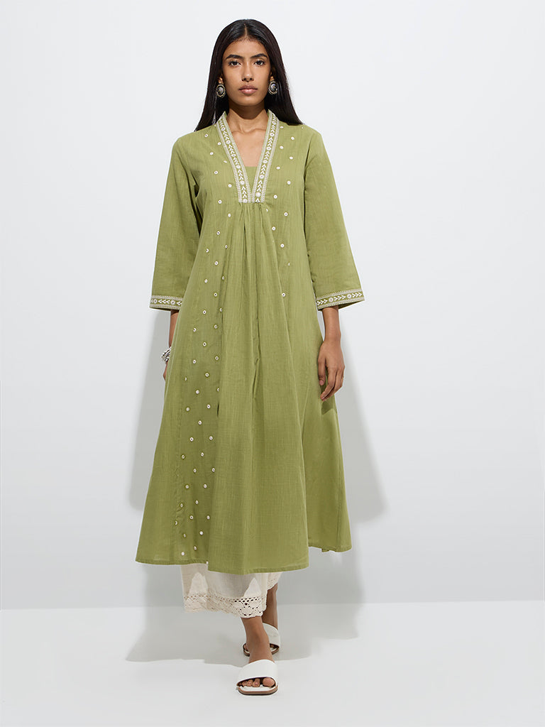 Westside Utsa Women's Olive Mirror Embroidered Cotton A-Line Kurta for Work Wear Full Model View