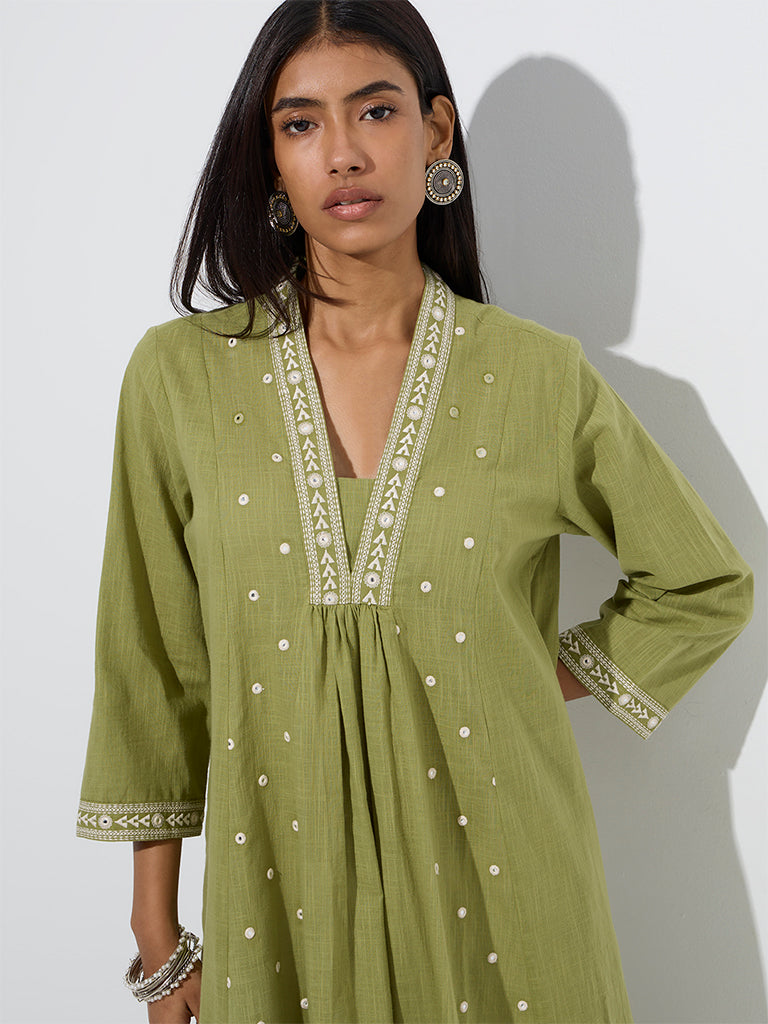 Westside Utsa Women's Olive Mirror Embroidered Cotton A-Line Kurta for Work Wear Zoom View