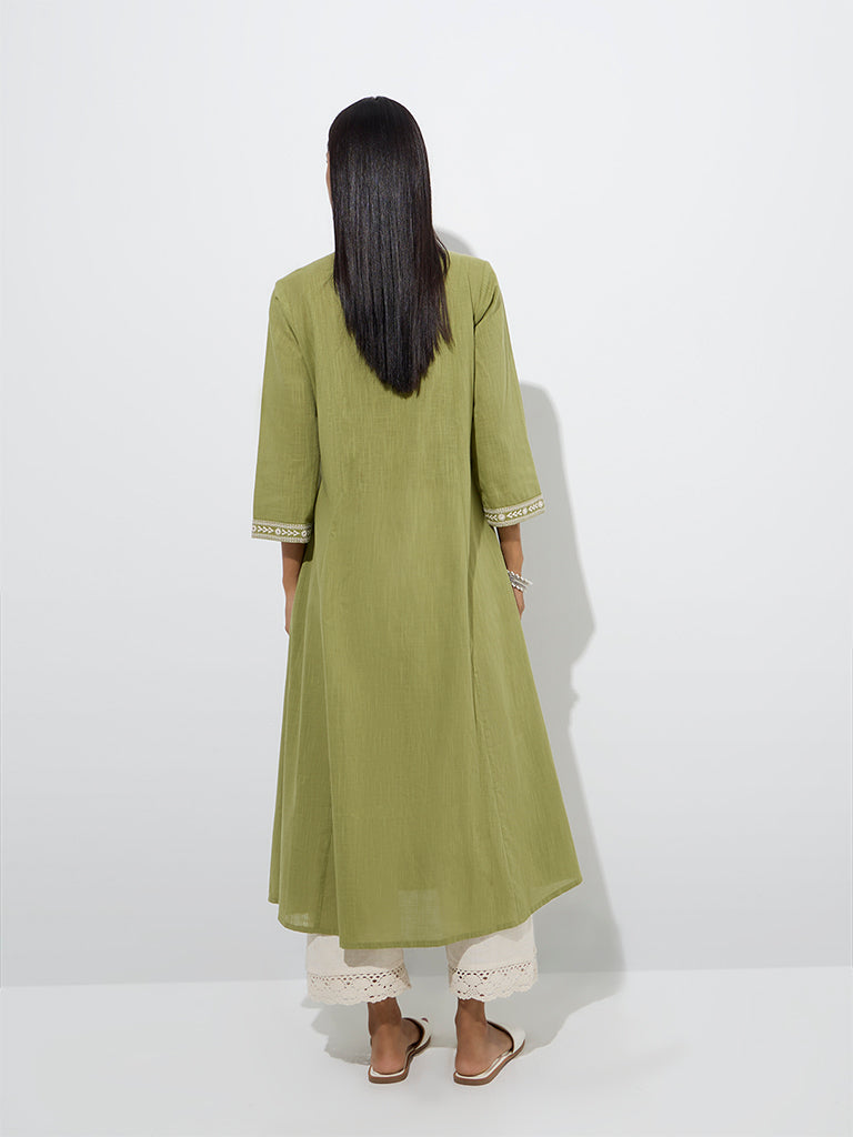 Westside Utsa Women's Olive Mirror Embroidered Cotton A-Line Kurta for Work Wear Back View