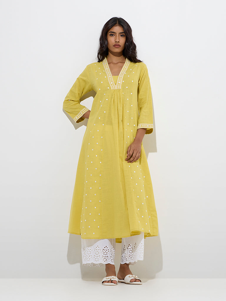 Westside Utsa Women's Yellow Embroidered Cotton A-Line Kurta for Work Wear Front View