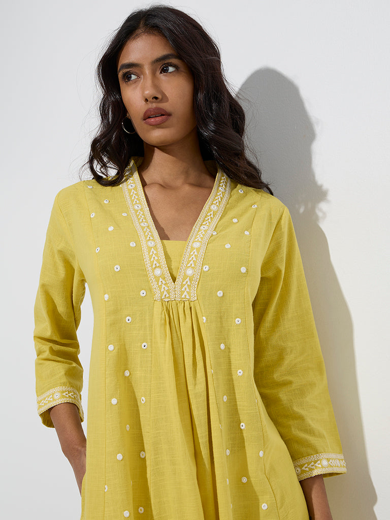 Westside Utsa Women's Yellow Embroidered Cotton A-Line Kurta for Work Wear Zoom View