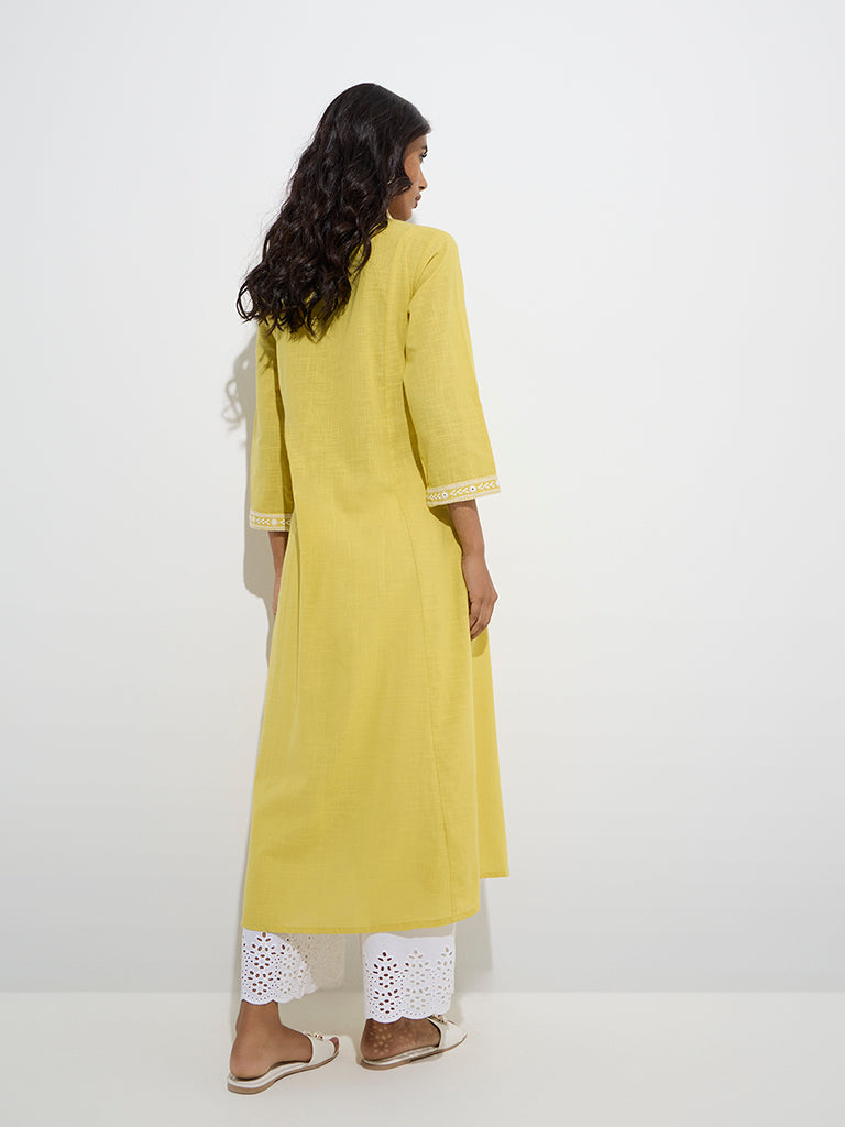 Westside Utsa Women's Yellow Embroidered Cotton A-Line Kurta for Work Wear Back View