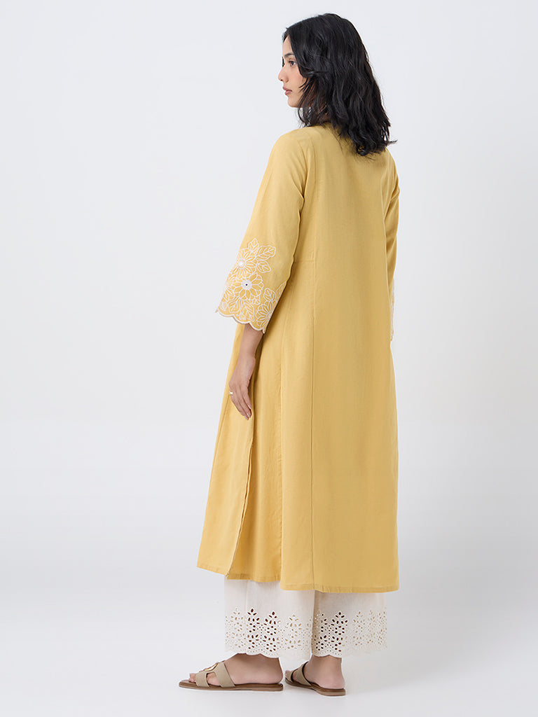 Utsa Yellow Floral Embroidered Cotton-Blend A-Line Kurta