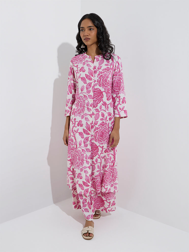 Westside Utsa Women's Pink Botanical Design A-Line Kurta for Work Wear Full Model View