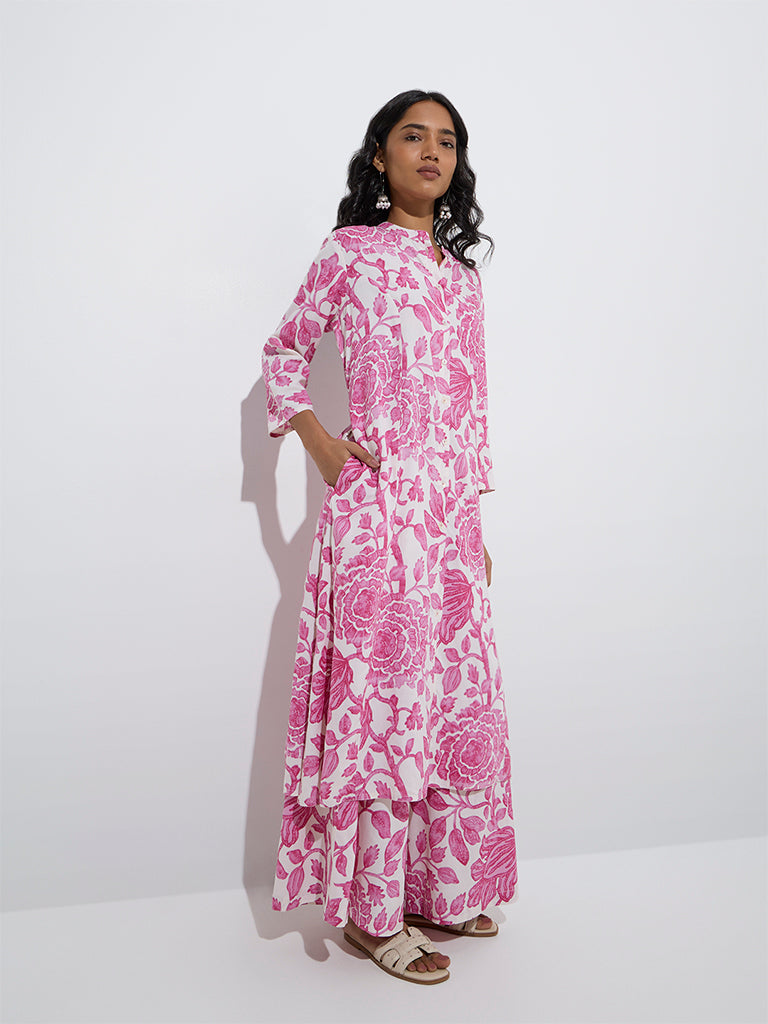 Westside Utsa Women's Pink Botanical Design A-Line Kurta for Work Wear Front View