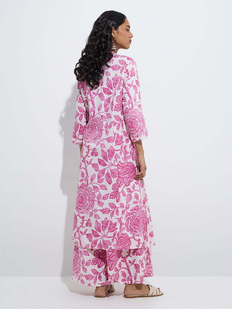 Westside Utsa Women's Pink Botanical Design A-Line Kurta for Work Wear Back View