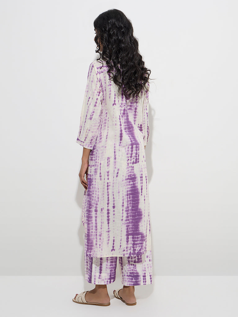 Westside Utsa Women's Purple Tie-Dye Printed Cotton A-Line Kurta for Work Wear Back View