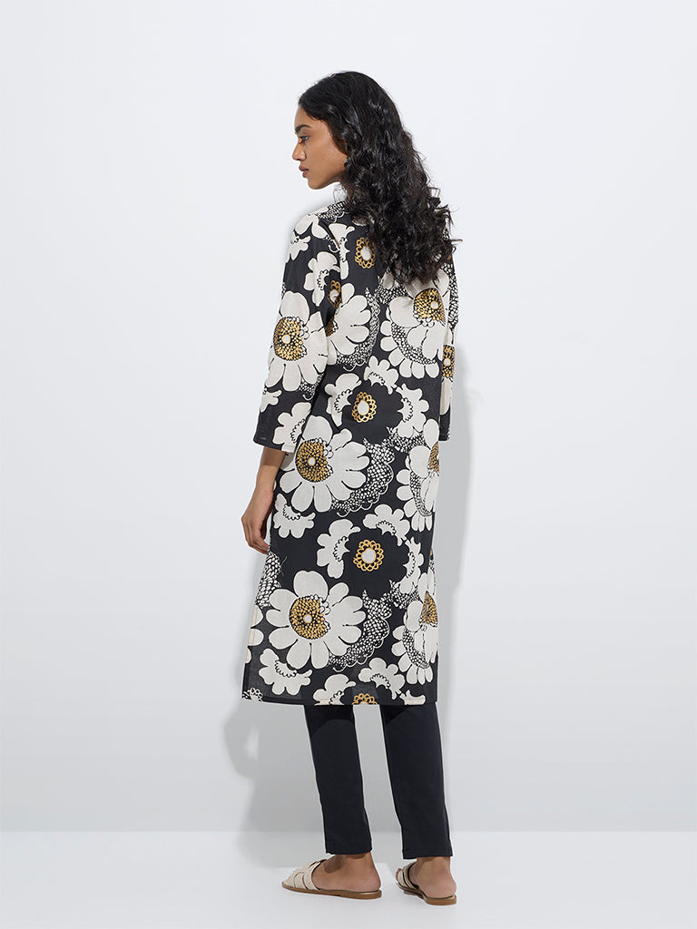 Utsa Black Floral Design Straight Cotton Kurta
