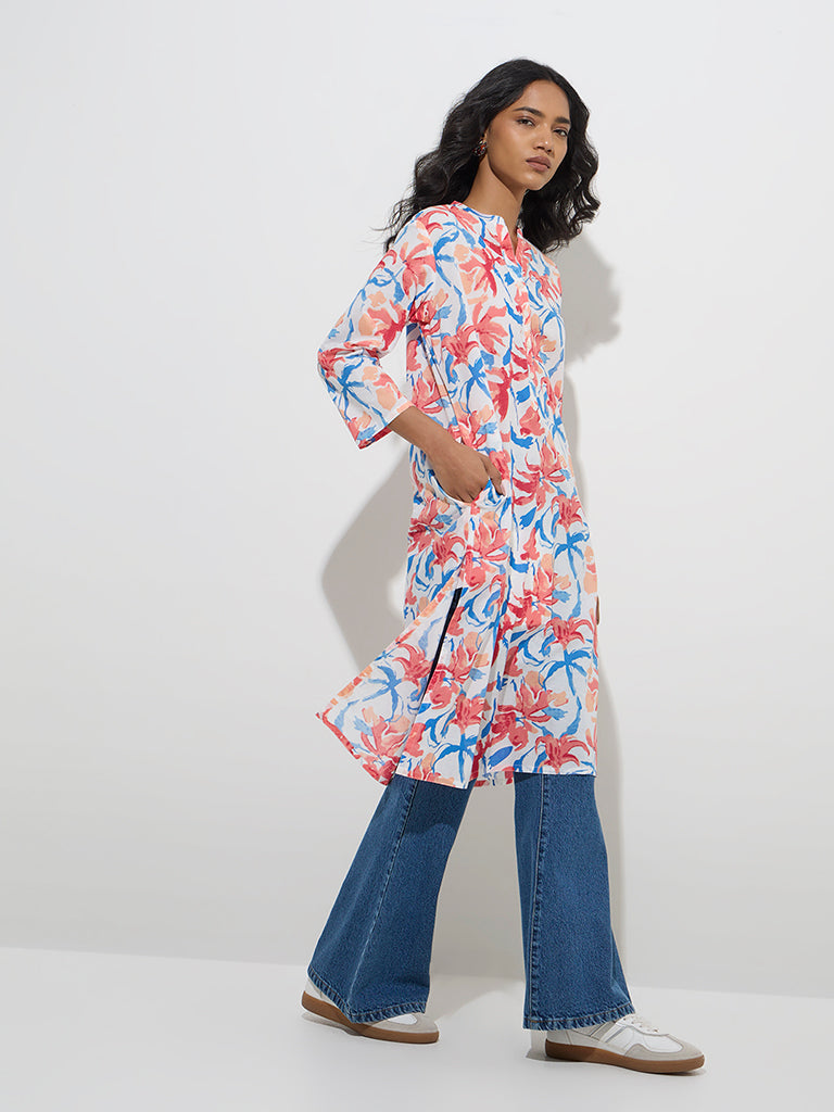 Utsa Coral Floral Design Straight Cotton Kurta