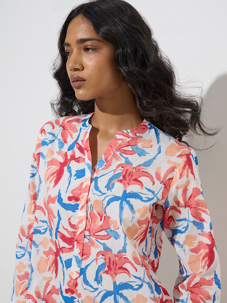 Utsa Coral Floral Design Straight Cotton Kurta